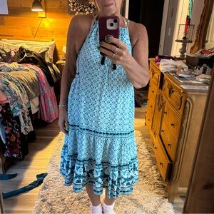 crown & ivy Blue Halter Midi Dress with Tiered Ruffle Hem